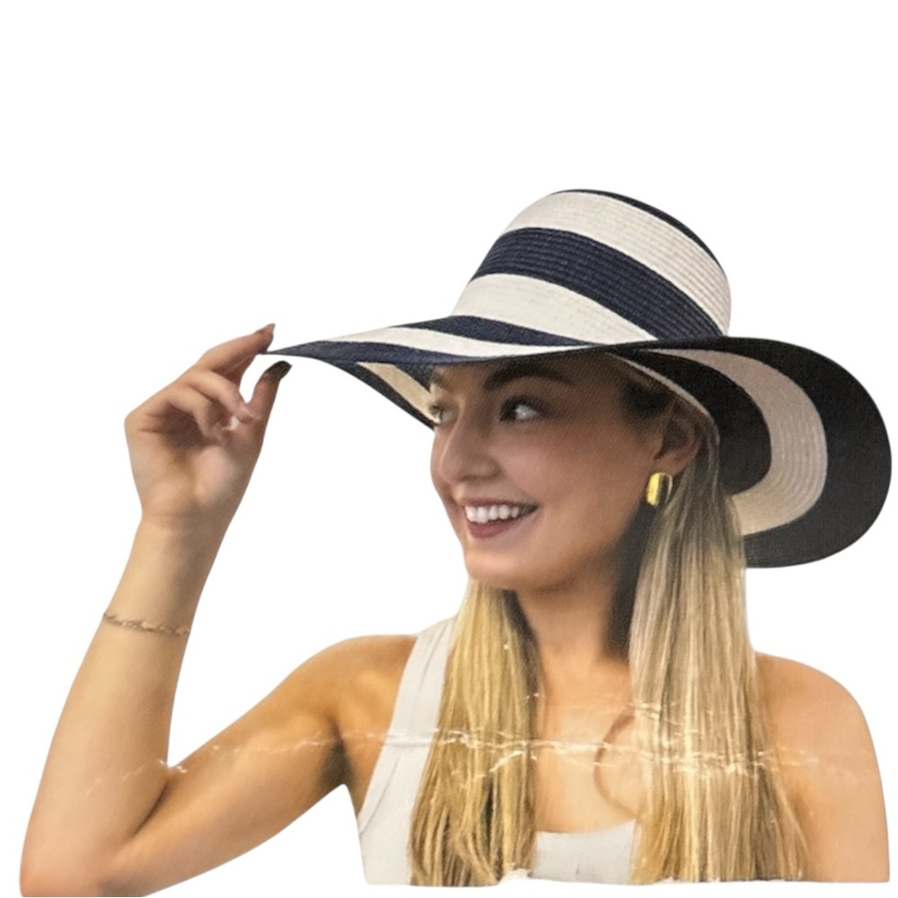 NWT Serra Womens Beach Sun Hat Blue White One Size Wide Floppy Brim 17.5” Wide